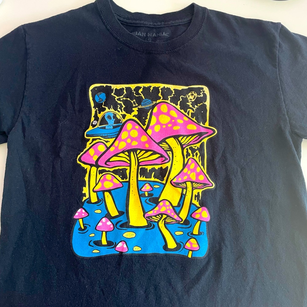 Mushroom top black with major yellow and pink accents cute oversized shirts